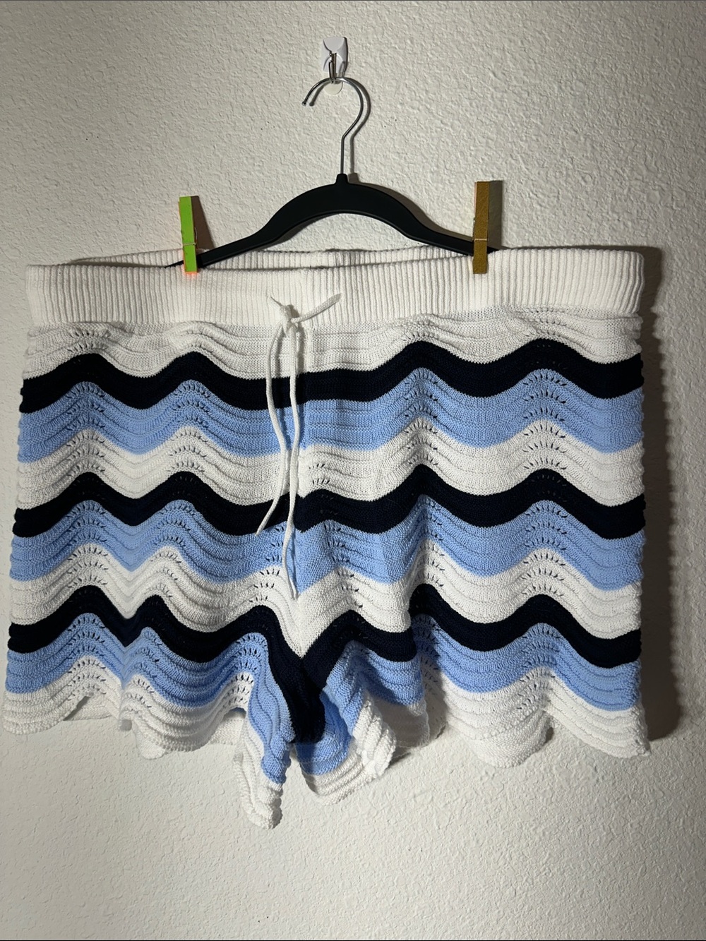 Wave Stripe Knit Athletic Shorts in White, Light Blue & Black